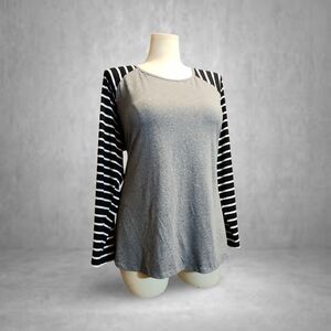 Gray Top w Black & White Striped Sleeves By Doublju 2x Emo Scene Punk Bubblegum◯